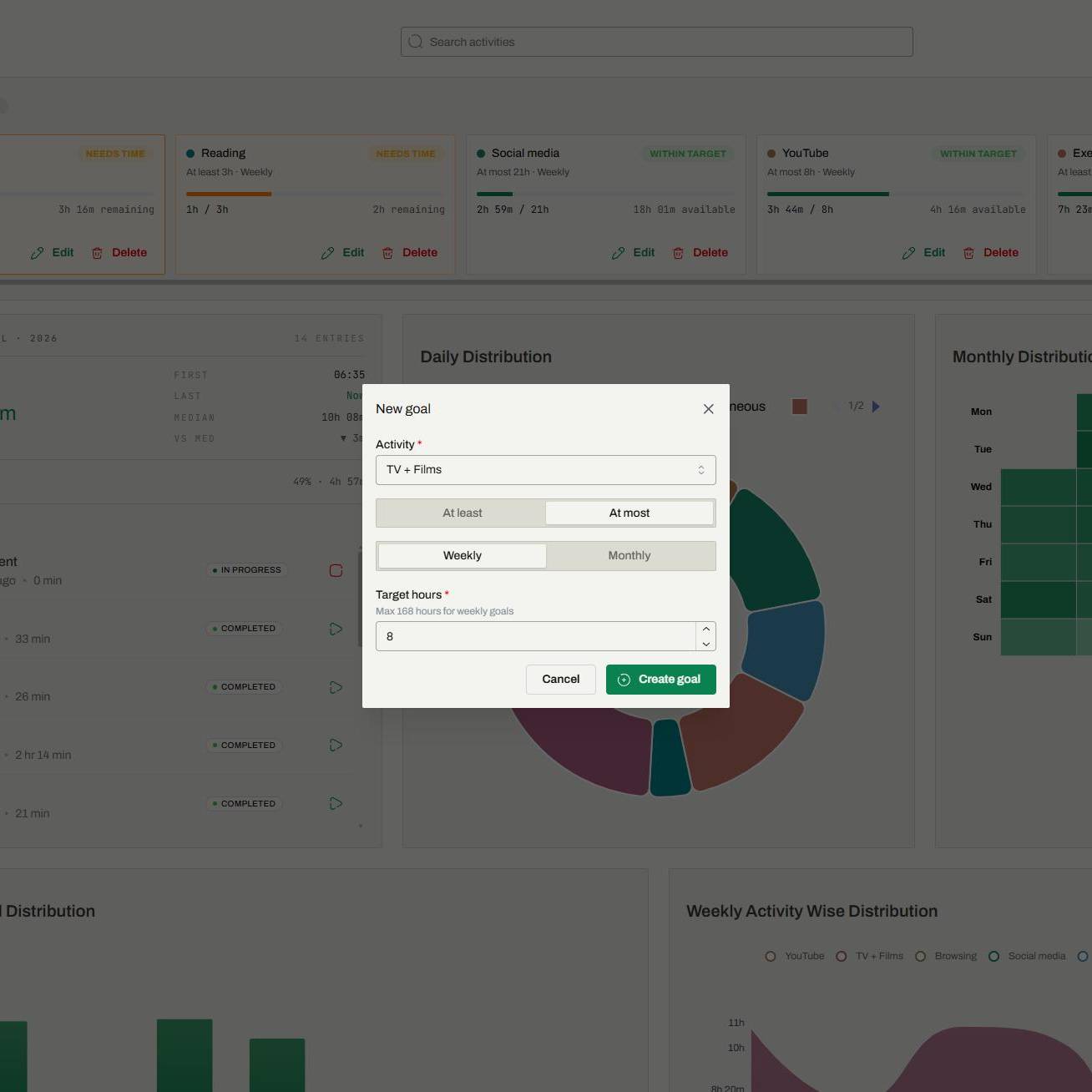 Setting weekly and monthly activity goals in InstaClock